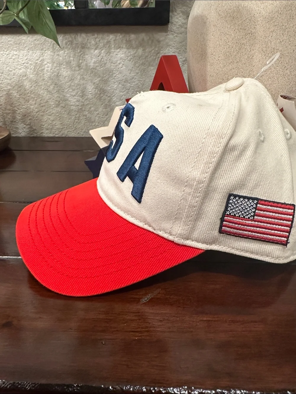 MAD Engine USA Embroidered Cap - Cream Crown, Red Brim, Navy Letters